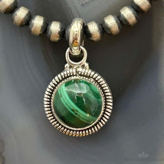 Sterling Silver Southwestern Style Round Malachite Decorated Charm/Pendant For Women