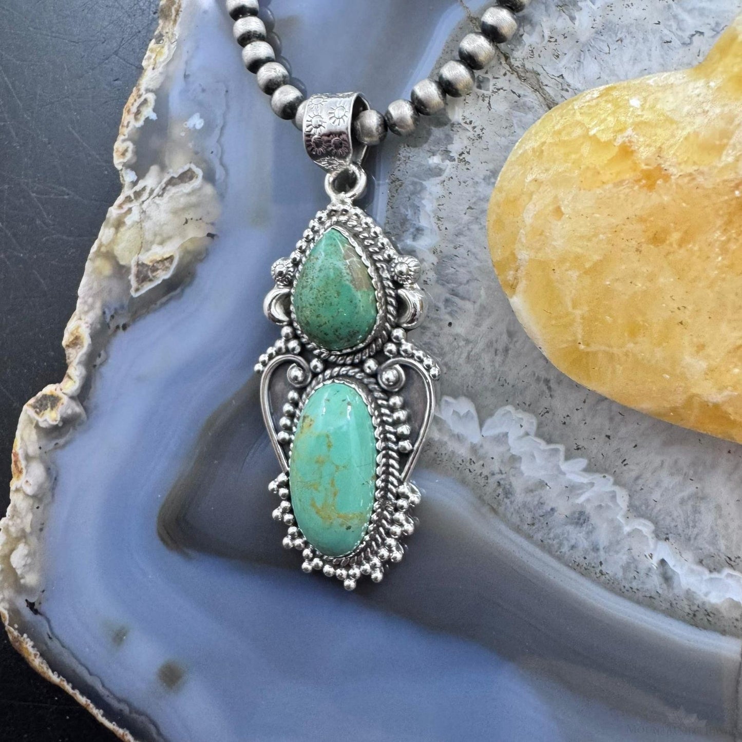 Sterling Silver Southwestern Style 2 Green Turquoise Decorated Pendant For Women