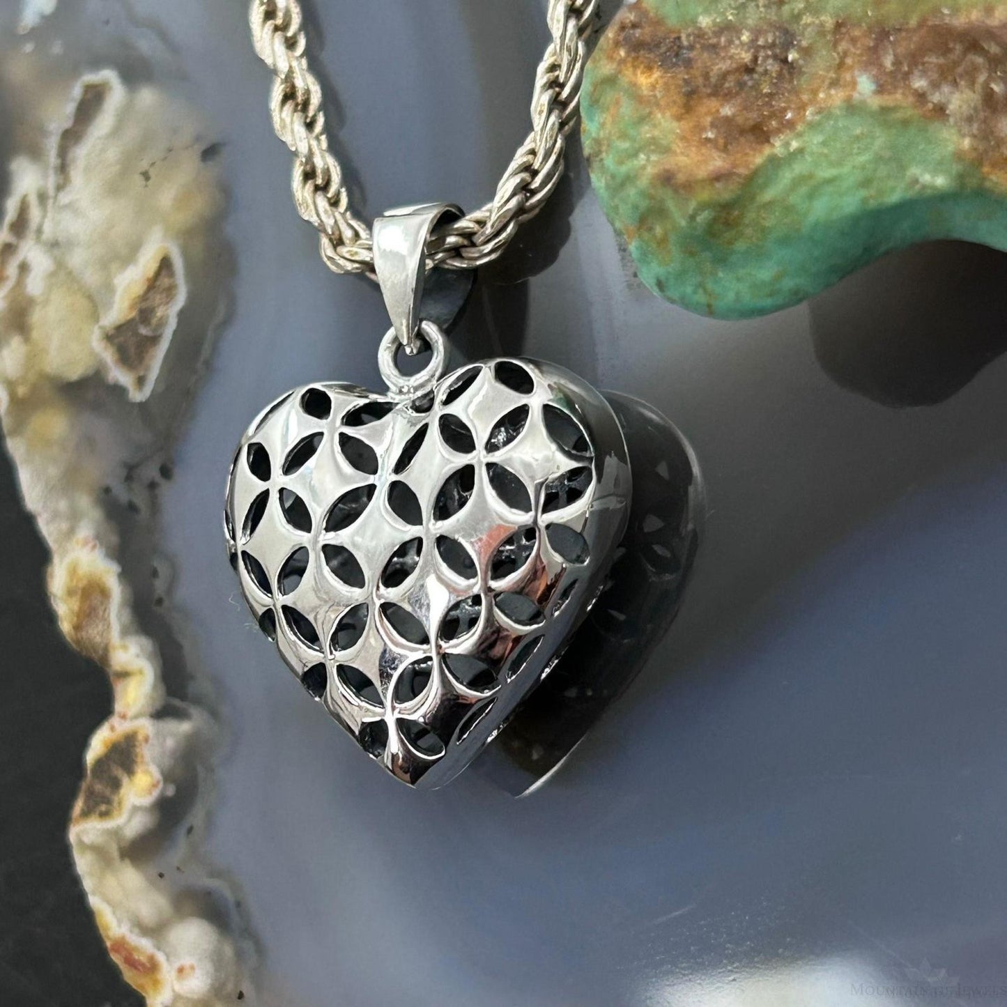 Sterling Silver Lattice Cut Out Hollowed Heart Pendant For Women
