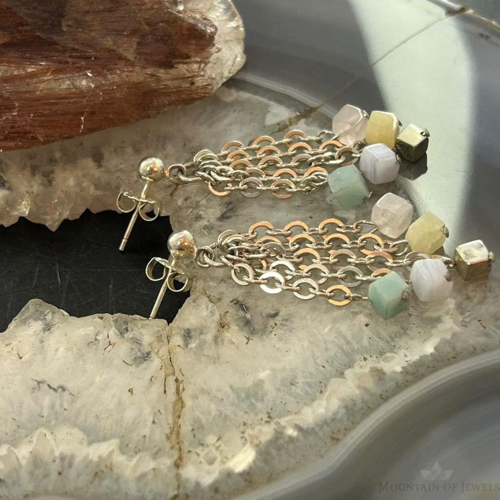 Carolyn Pollack Sterling Silver Tiny Multi Stone Cube Bead Chandelier Earrings For Women