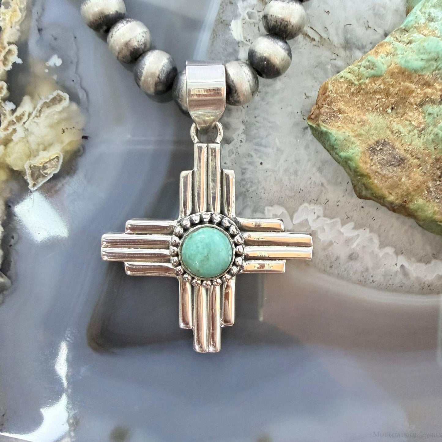 Sterling Silver Southwestern Style Teardrop Mohave Turquoise Unisex Zia Pendant