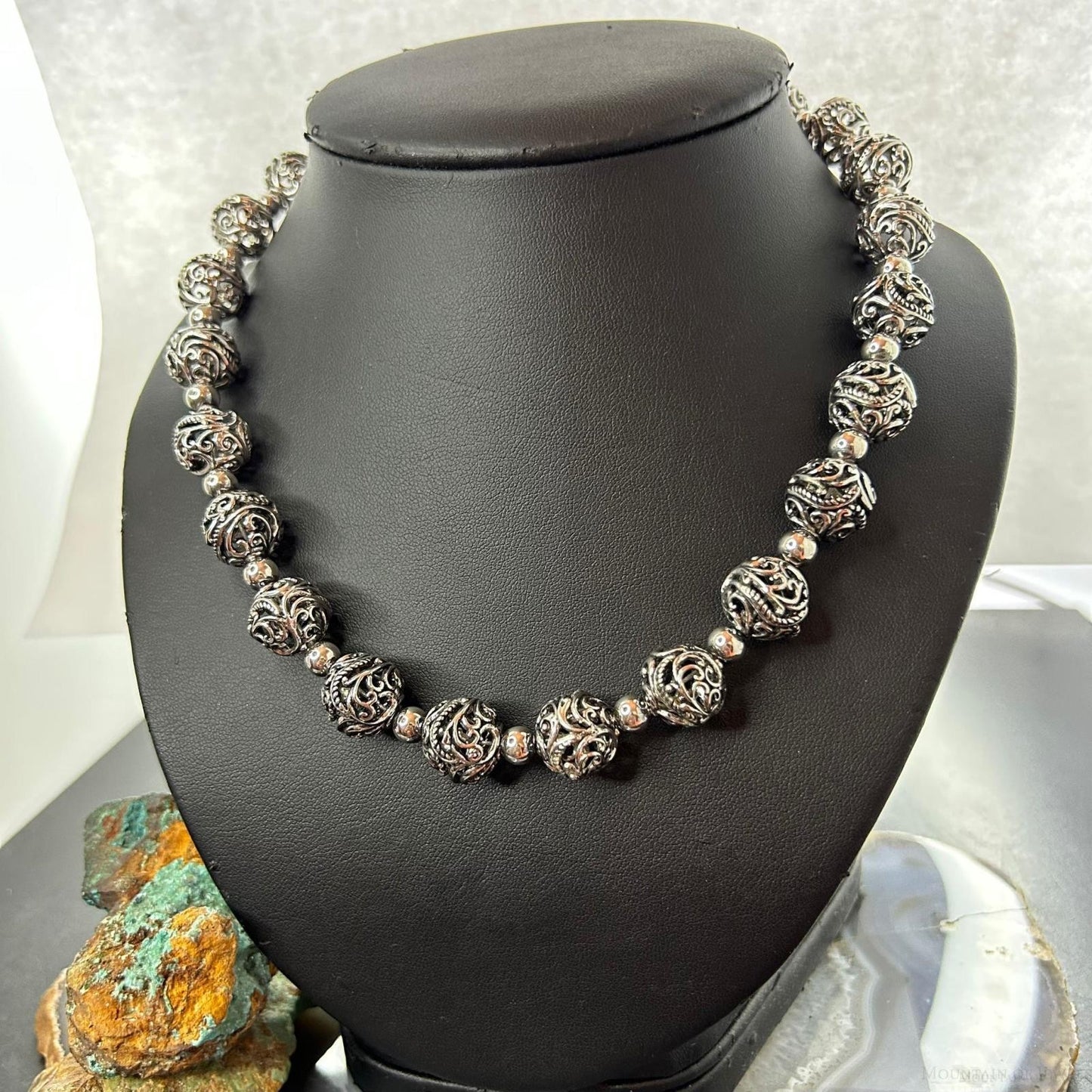 Carolyn Pollack Sterling Silver Decorated Swirl Hallow Beaded Necklace For Women