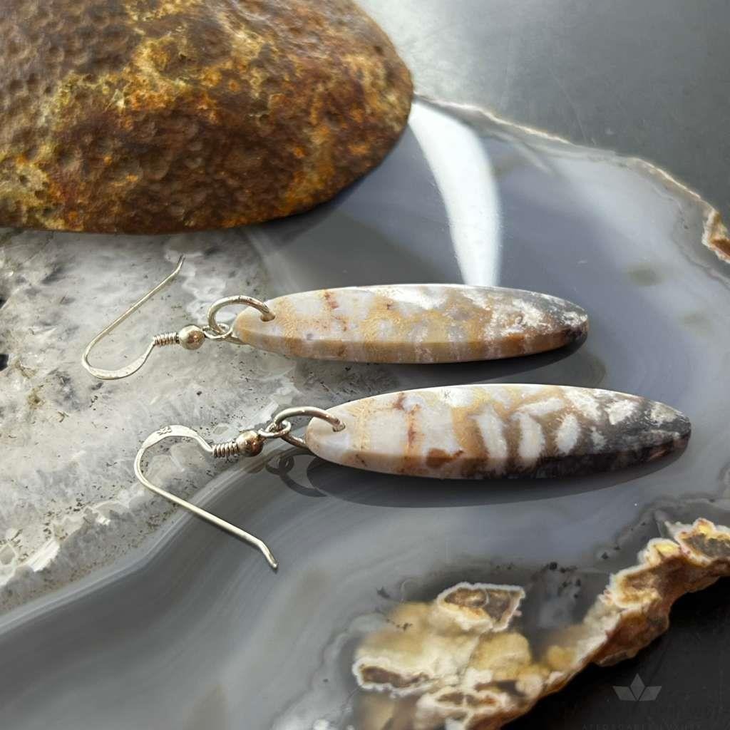 Sterling Silver Marquise Ocean Jasper Slab Dangle Earrings For Women #144