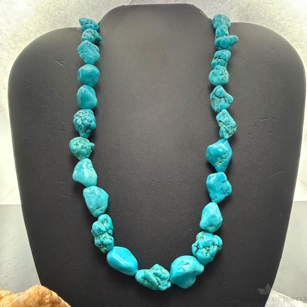 Vintage Native American Rough Natural Turquoise 29" Necklace For Women