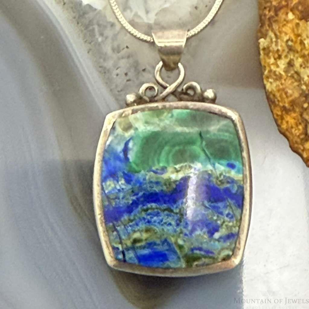 Vintage Sterling Silver square Azurite Malachite Fashion Pendant For Women