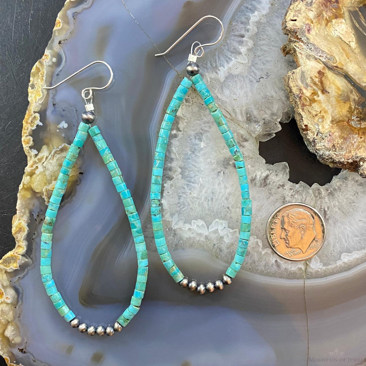 Navajo Pearl Beads & Turquoise Beads 3 mm Sterling Dangle Earrings For Women