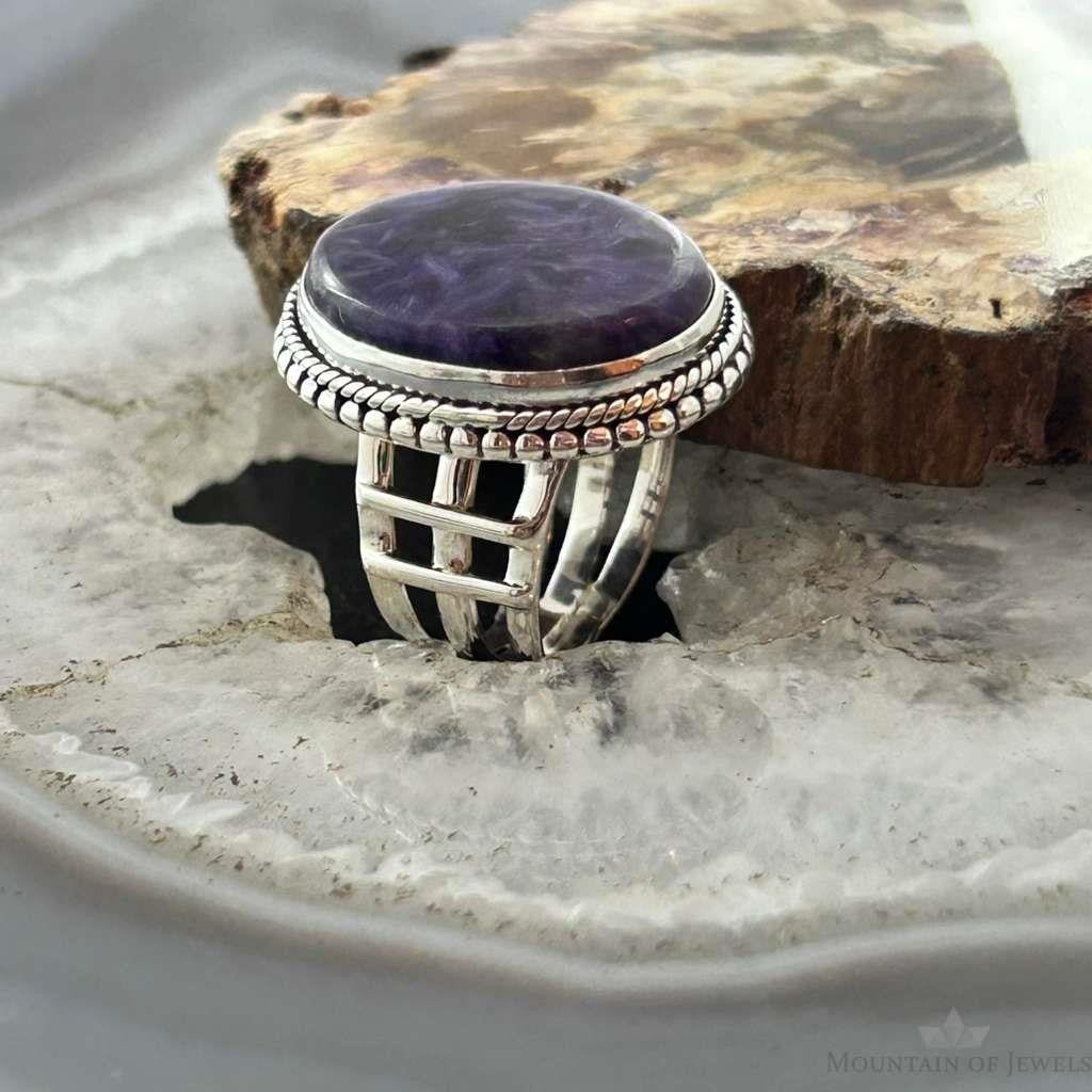 Sterling Silver Southwestern Style Oval Charoite Decorated Ring Size 7 For Women