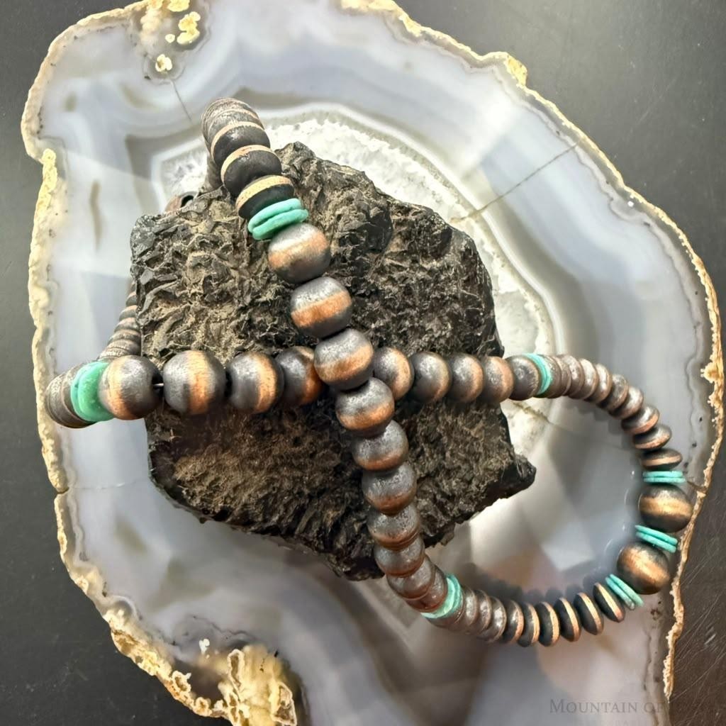 Southwestern Style Copper Navajo Pearl Round,Saucer & Turquoise 18"-20" Necklace For Women