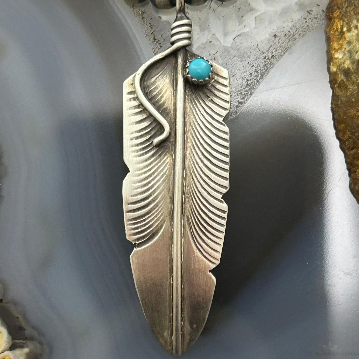 Chris Charley Native American Sterling Turquoise Dot Feather Unisex Pendant