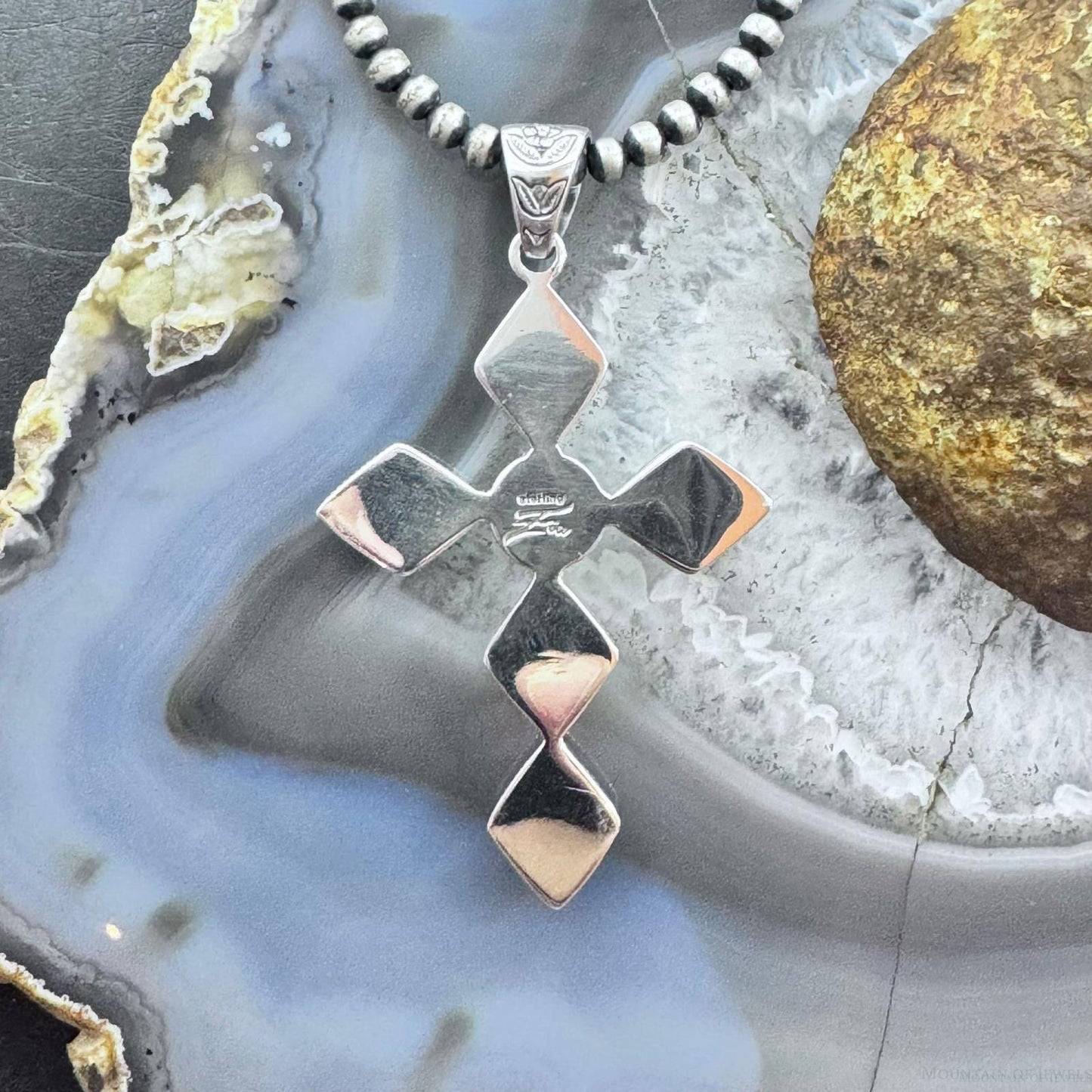 Native American Sterling Silver Turquoise & Amber Diamond Shape Cross Pendant For Women