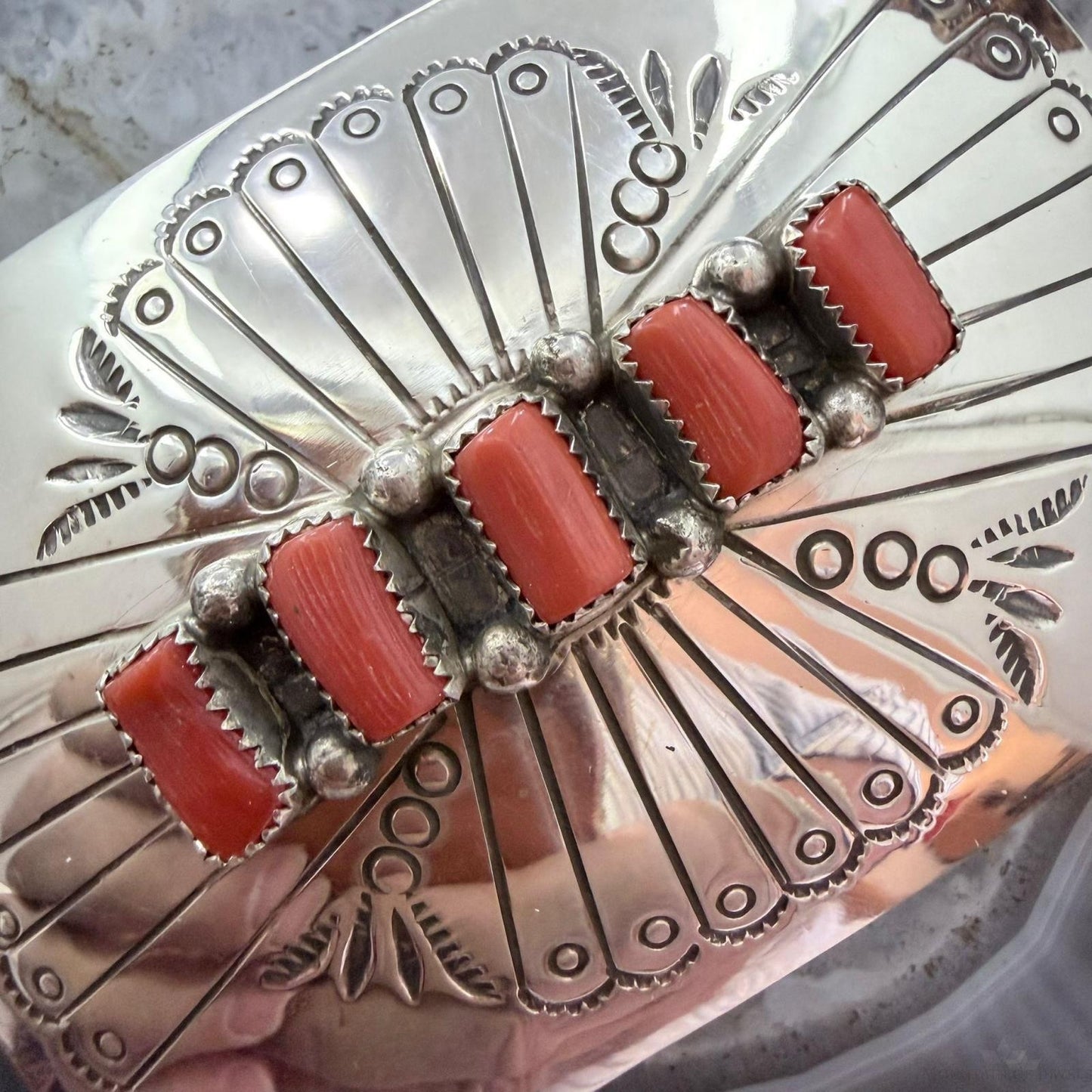 Joann Begay Native American Sterling Silver 5 Coral Stamped Belt Buckle For Men
