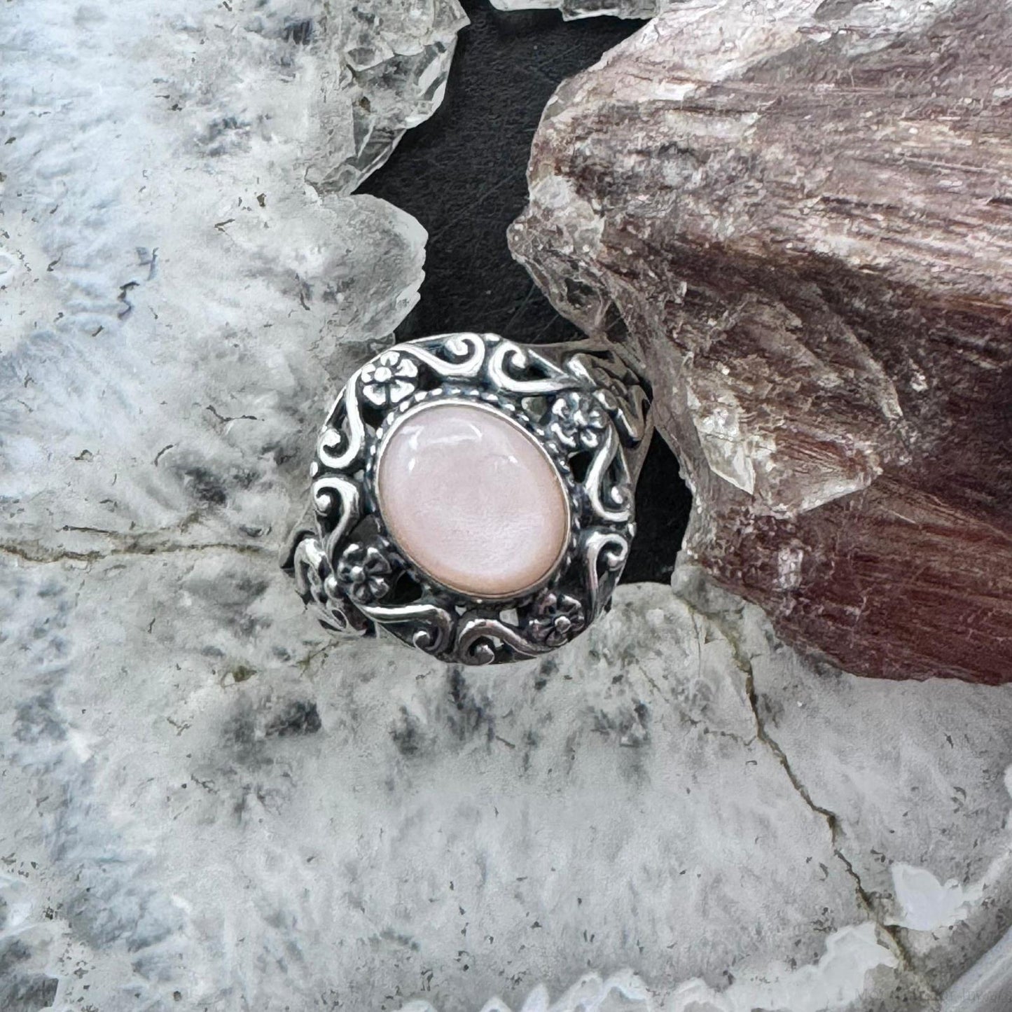 Carolyn Pollack Sterling Silver Oval Pink Mother of Pearl Decorated Ring Size 9 For Women