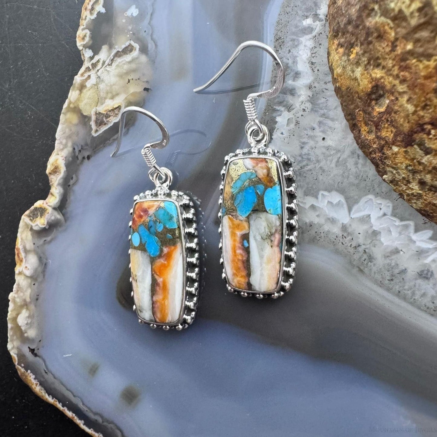 Sterling Silver Southwestern Style Rectangle Spiny & Turquoise Dangle Earrings For Women