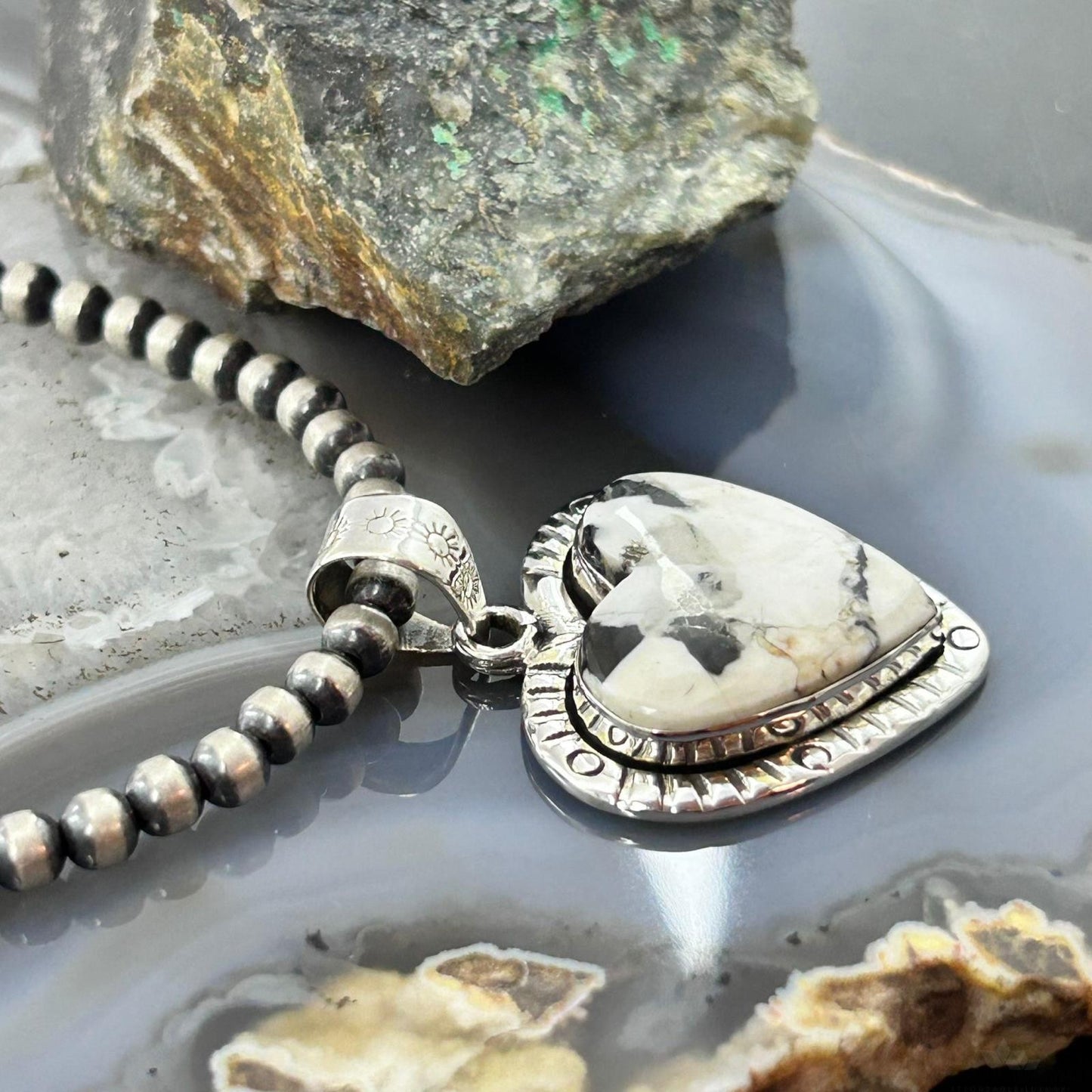Sterling Silver Southwestern Style White Buffalo Decorated Heart Pendant For Women #3