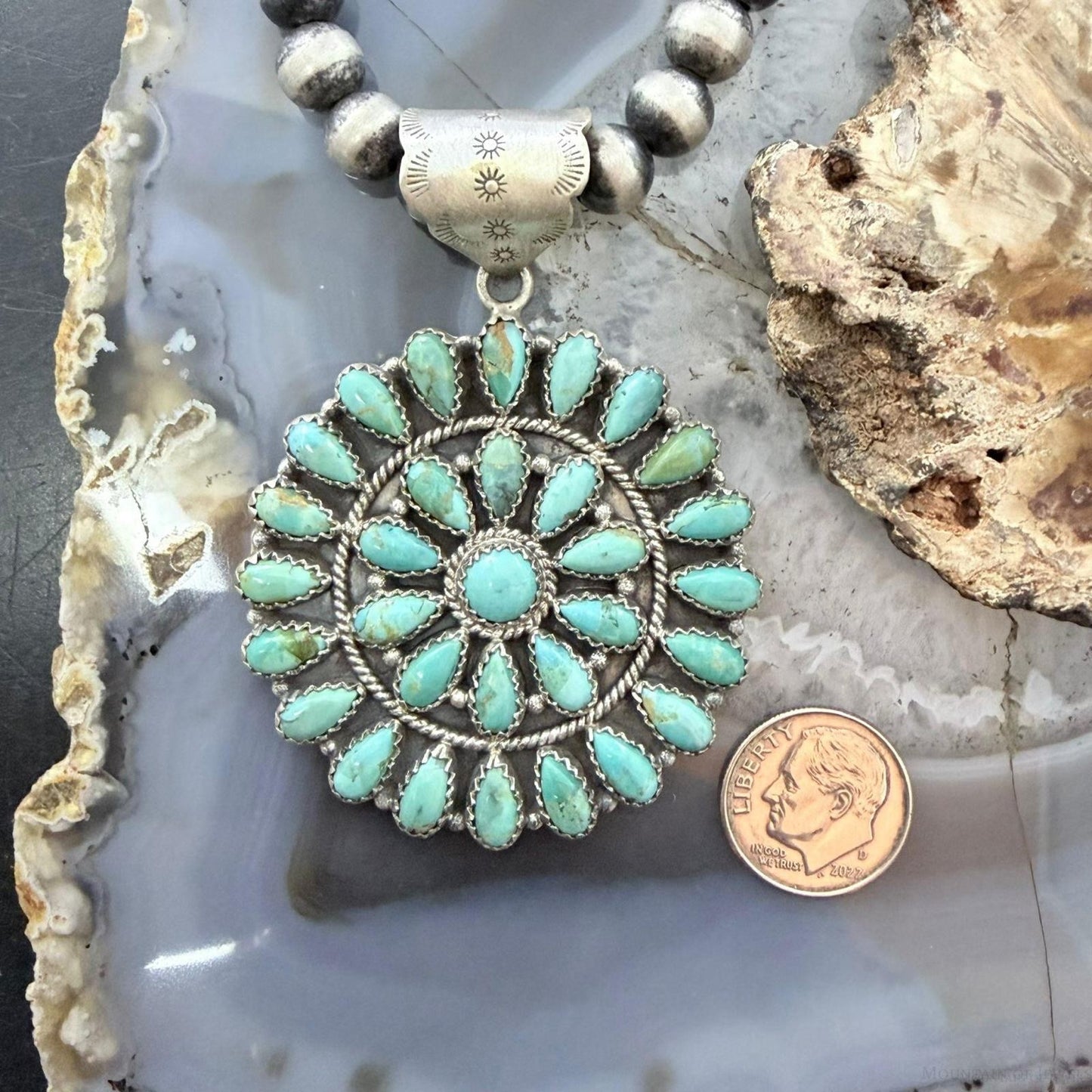 Sterling Silver Southwestern Style Teardrop Mohave Turquoise Round Cluster Pendant
