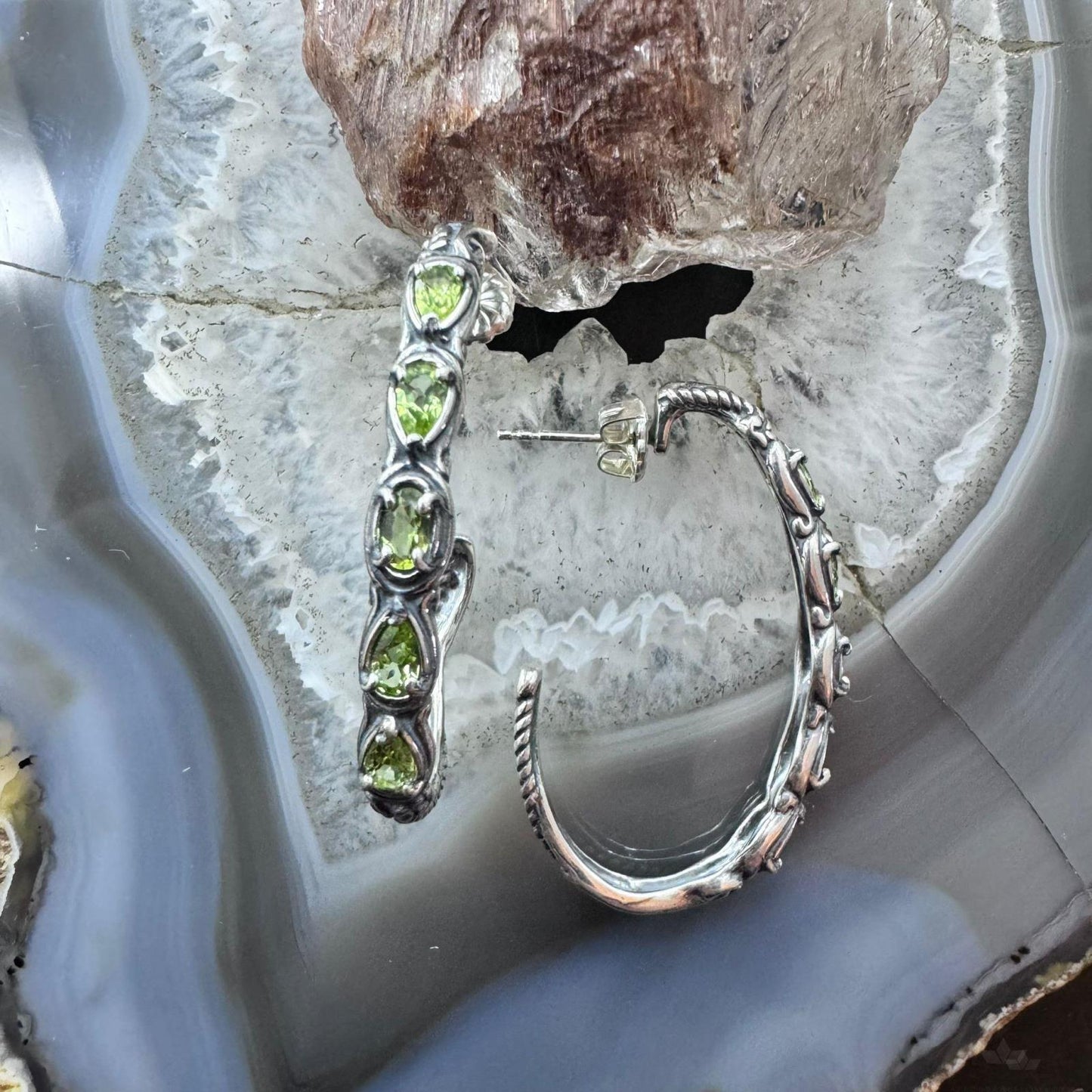 Carolyn Pollack Sterling Silver 5 Faceted Peridot Half Moon Hoop Earrings For Women