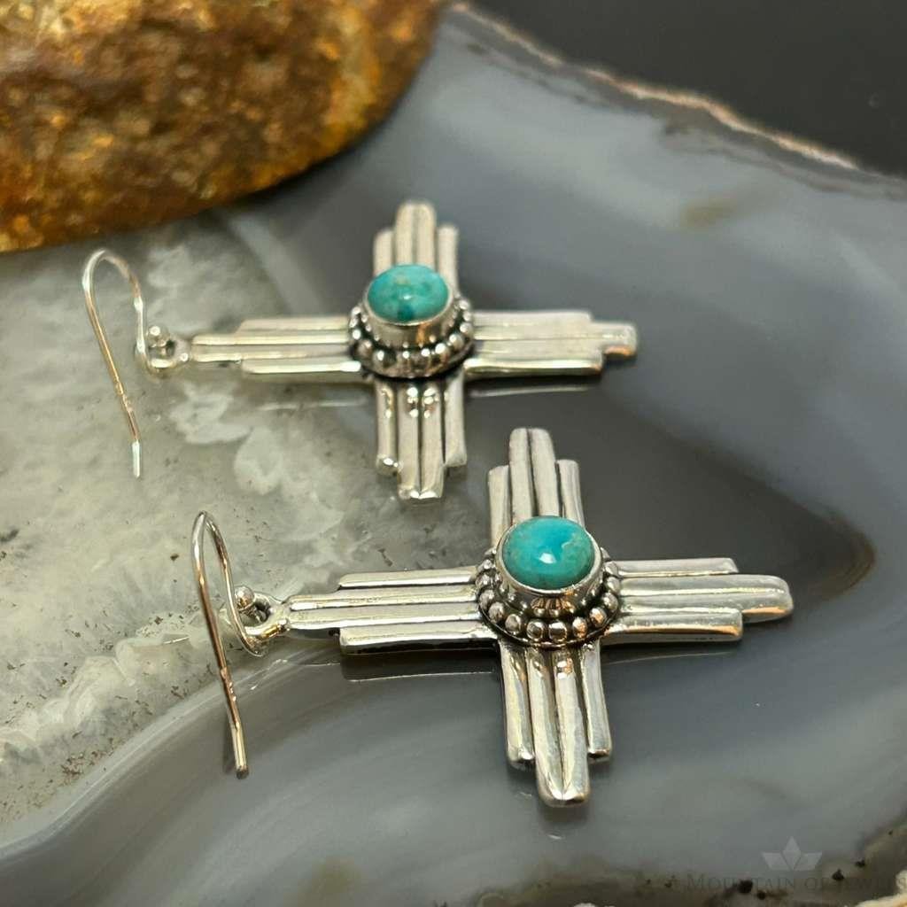 Sterling Silver Southwestern Style Round Mohave Turquoise Zia Dangle Earrings For Women