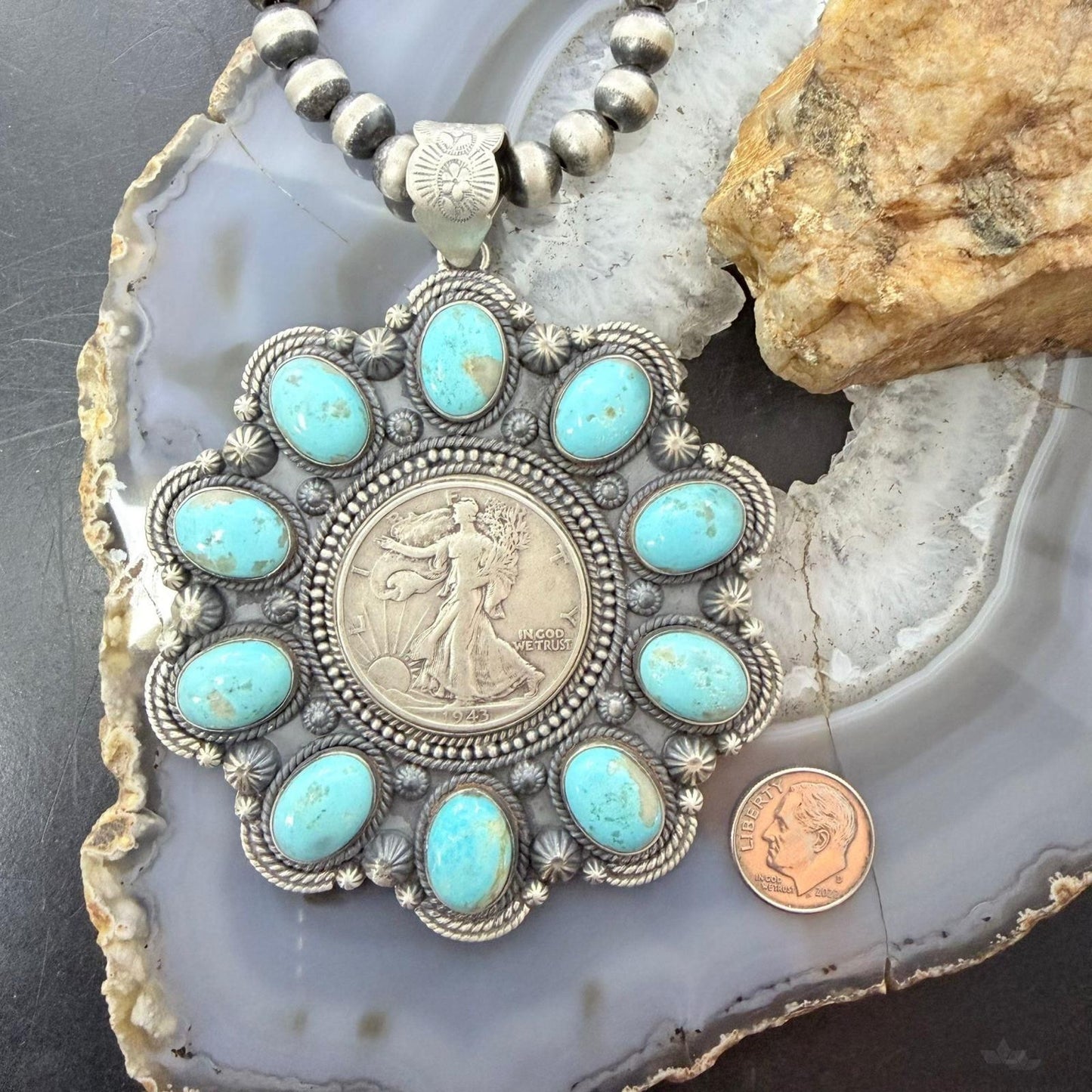 1943 Genuine 90% Silver Walking Liberty Half Dollar Coin w/Turquoise Unisex Pendant