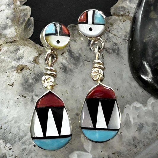 Ola Eriacho Native American Sterling Silver Multistone Inlay Sunface Dangle Earrings For Women
