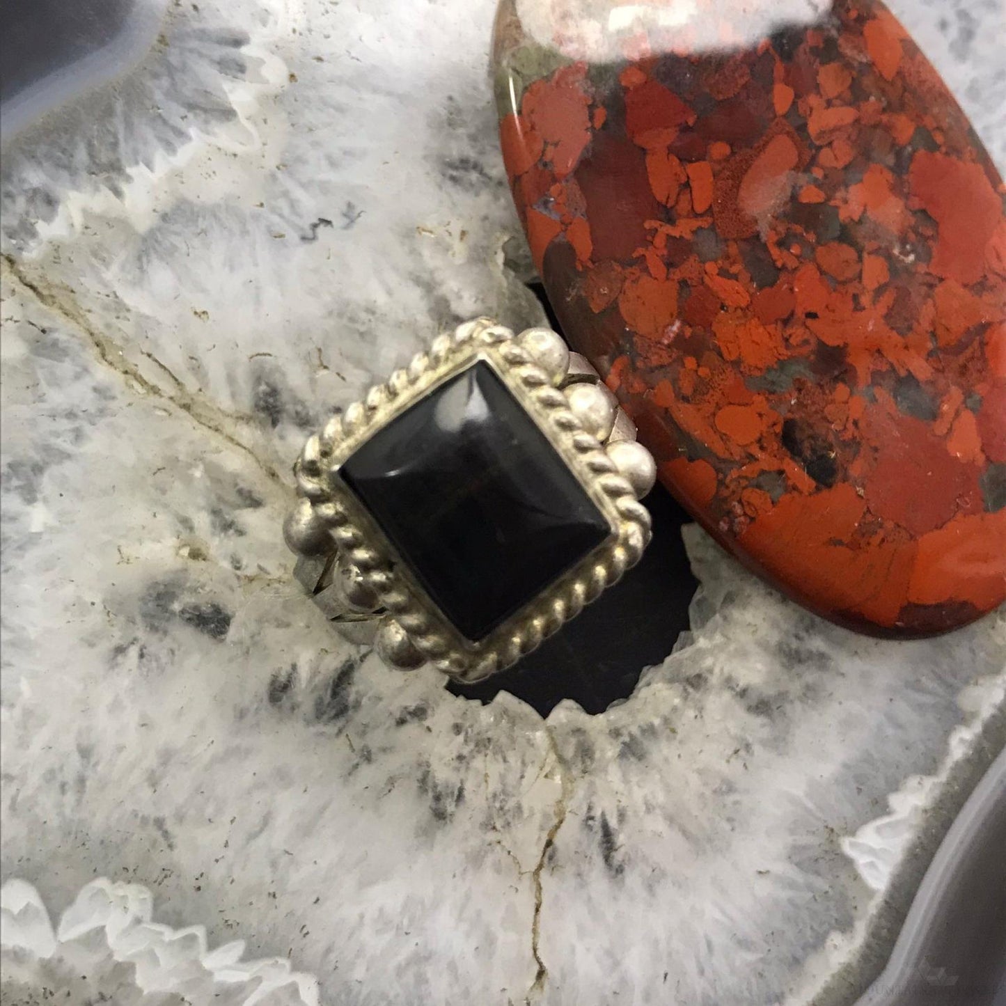 Vintage Native American Silver Rectangle Onyx Decortaed Ring Size 11 For Men