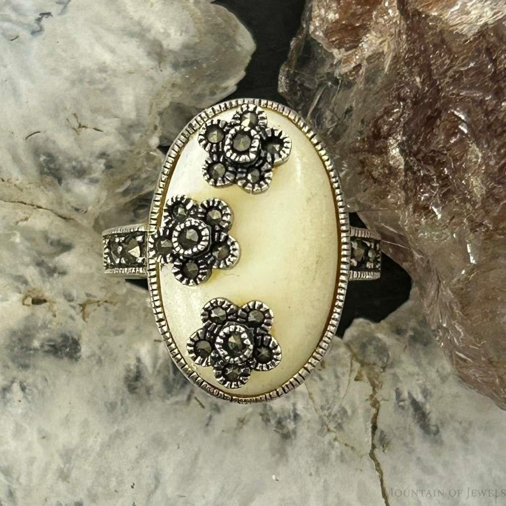 Sterling Silver Mother of Pearl & Marcasite Flower Ring Size 8 For Women