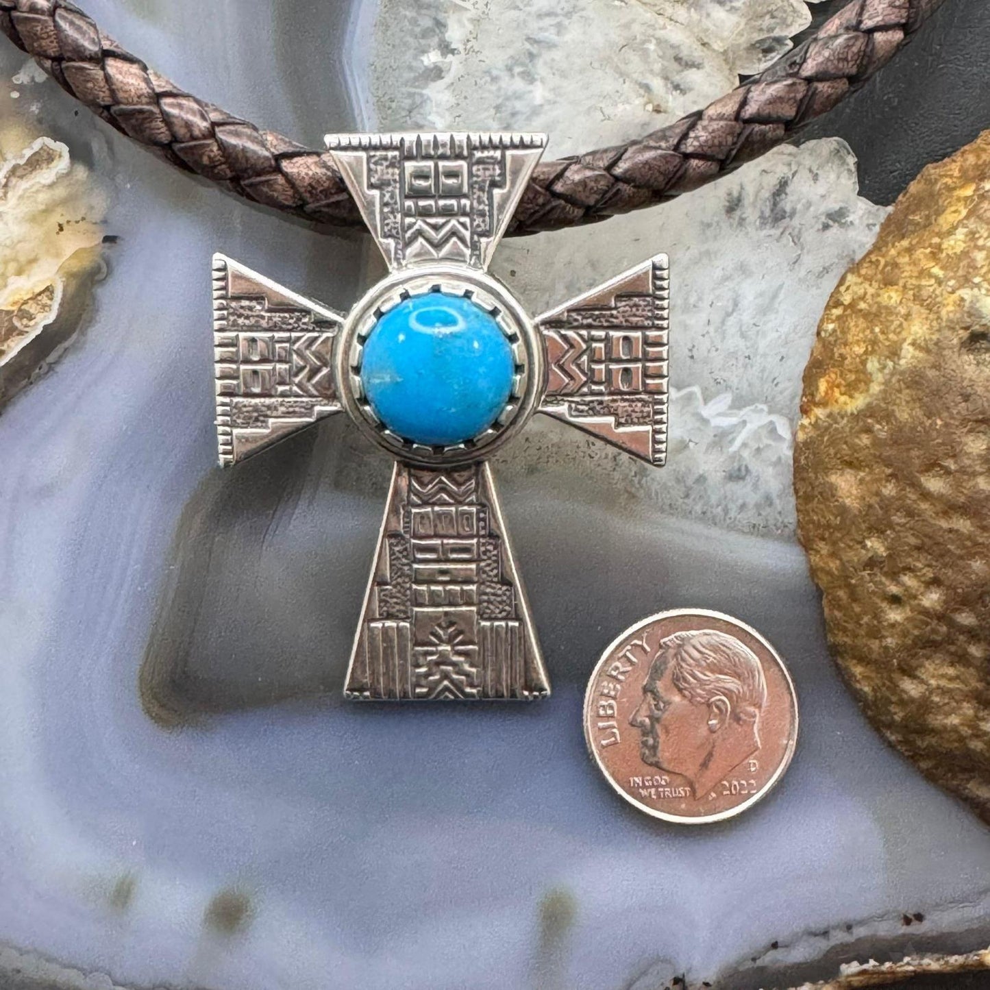 Carolyn Pollack Sterling Silver Round Turquoise Decorated Unisex Cross Pendant