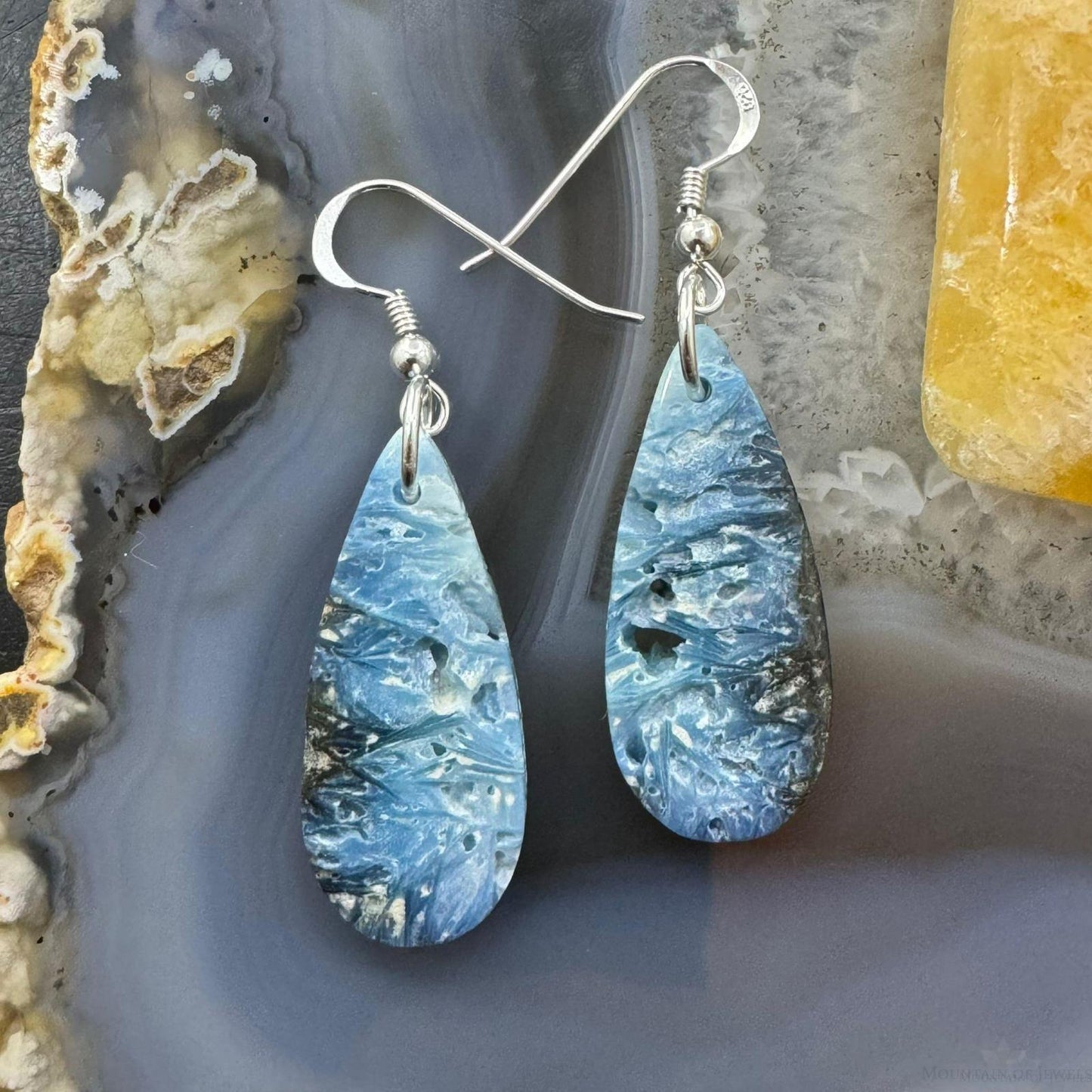 Sterling Silver Elongated Teardrop Blue Ice Jasper Slab Dangle Earrings For Women #205