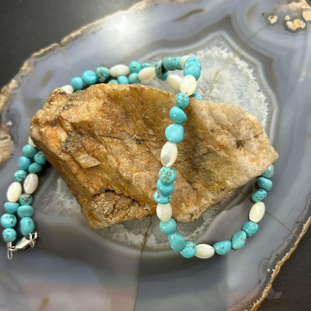 Sterling Silver 5-10mm Turquoise & 8mm MOP Beads 20" Necklace For Women
