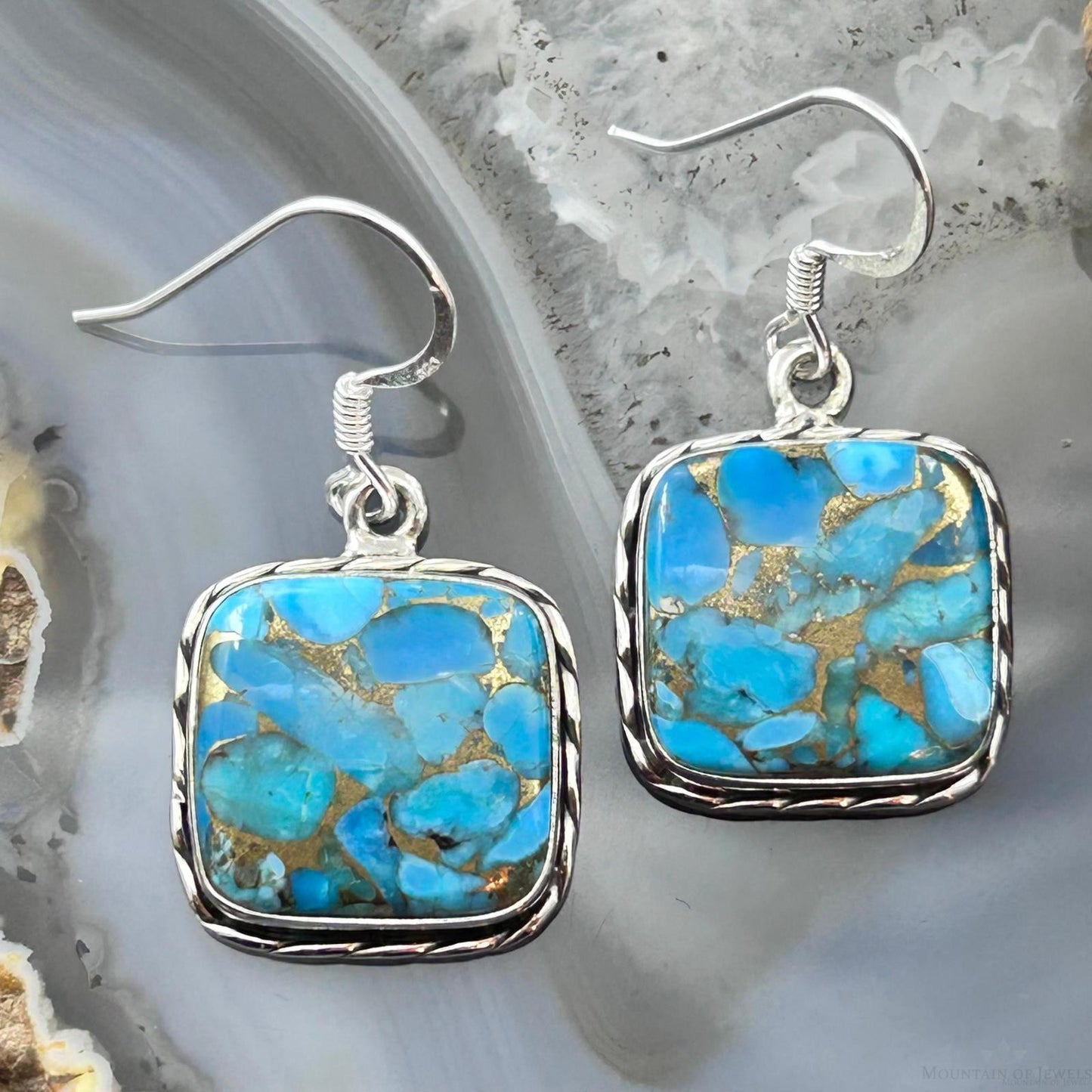 Sterling Silver Southwestern Style Blue Copper Turquoise Dangle Earrings For Women #1