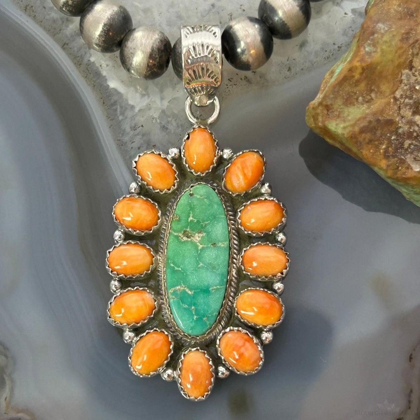 Sterling Silver Southwestern Spiny Oyster & Emerald Valley Turquoise Cluster Pendant For Women