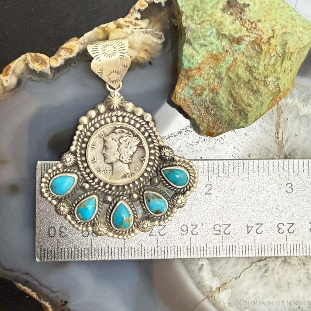 Sterling Silver Southwestern Style 1942 Mercury Dime & Kingman Turquoise Pendant