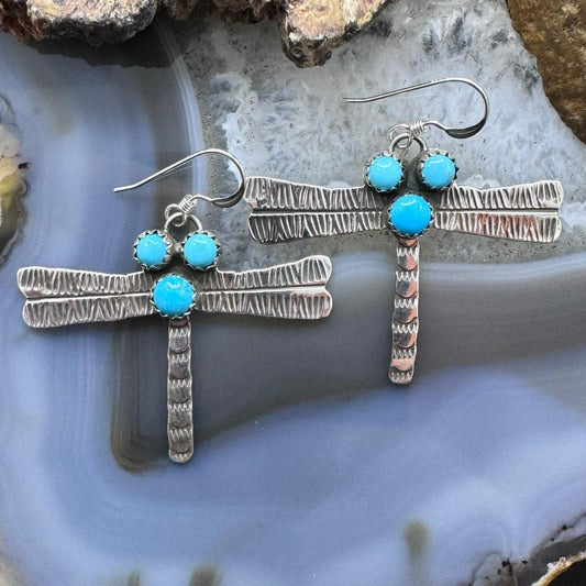 Brad Panteah Sterling Silver Dragonfly w/3 Turquoise Dangle Earrings For Women