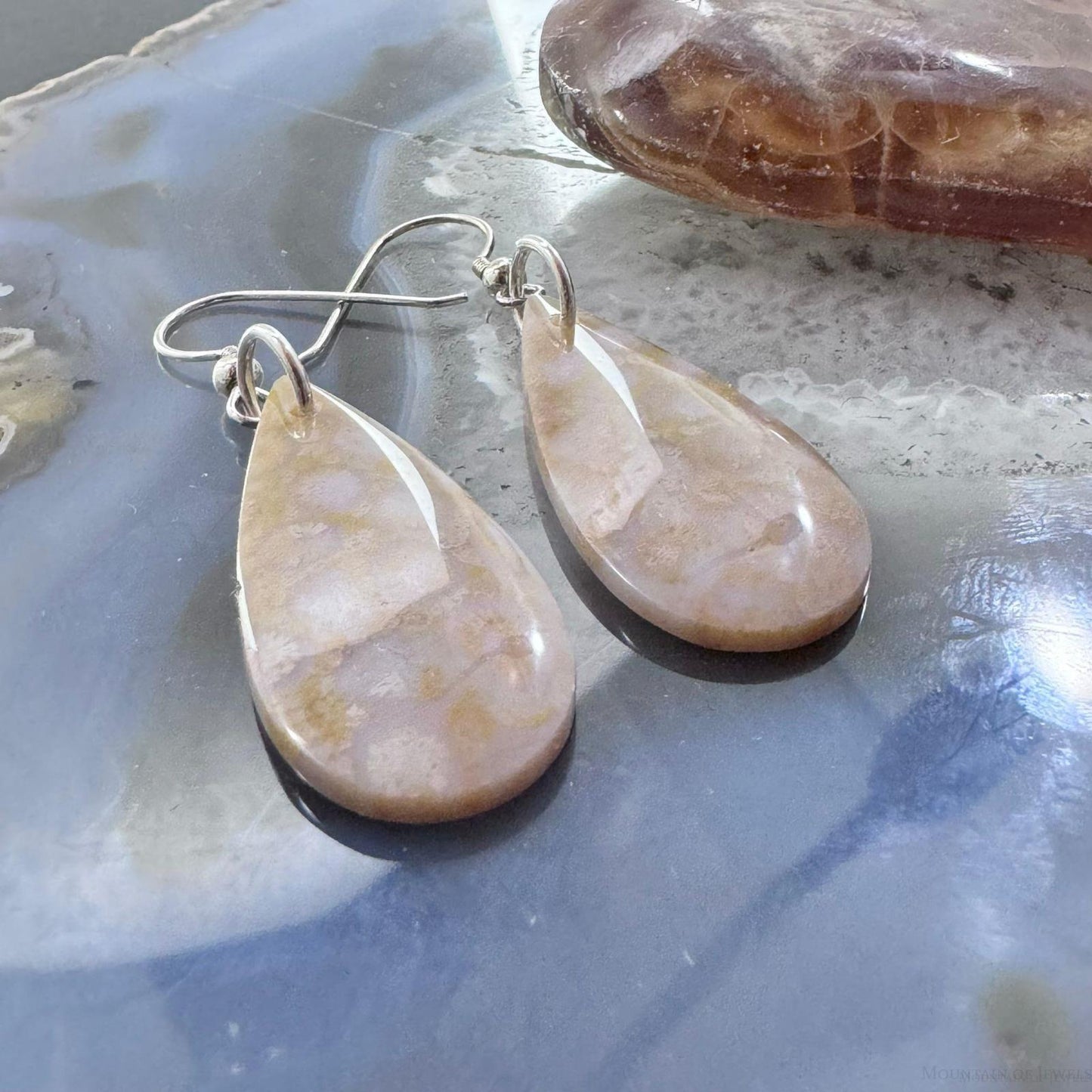 Sterling Silver Teardrop Fossilized Coral Slab Dangle Earrings For Women #129