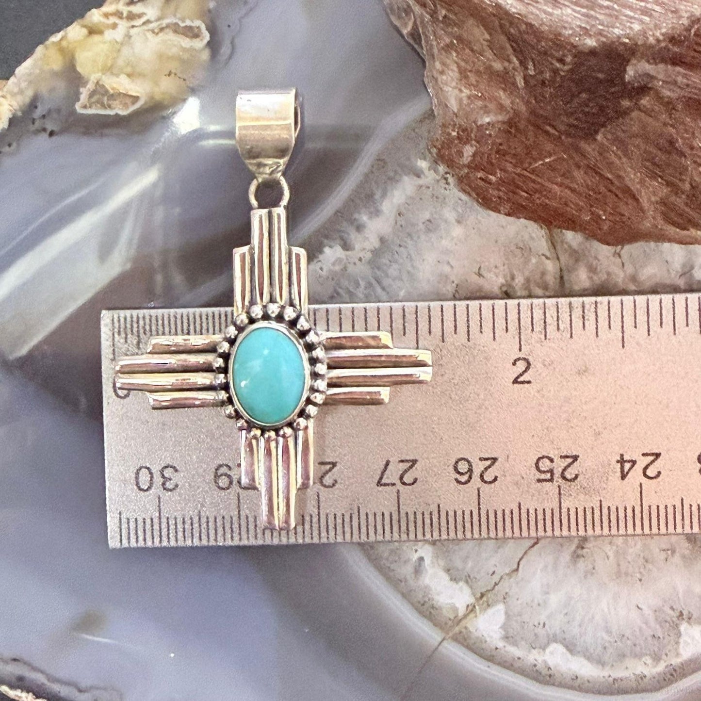 Sterling Silver Southwestern Style Oval Turquoise Unisex Zia Pendant