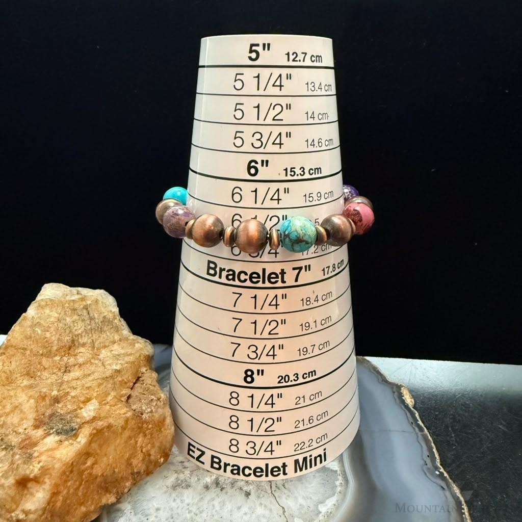 Southwestern Style 10mm Copper Navajo Pearl & 10mm Sediment Jasper Stretch Bracelet For Women
