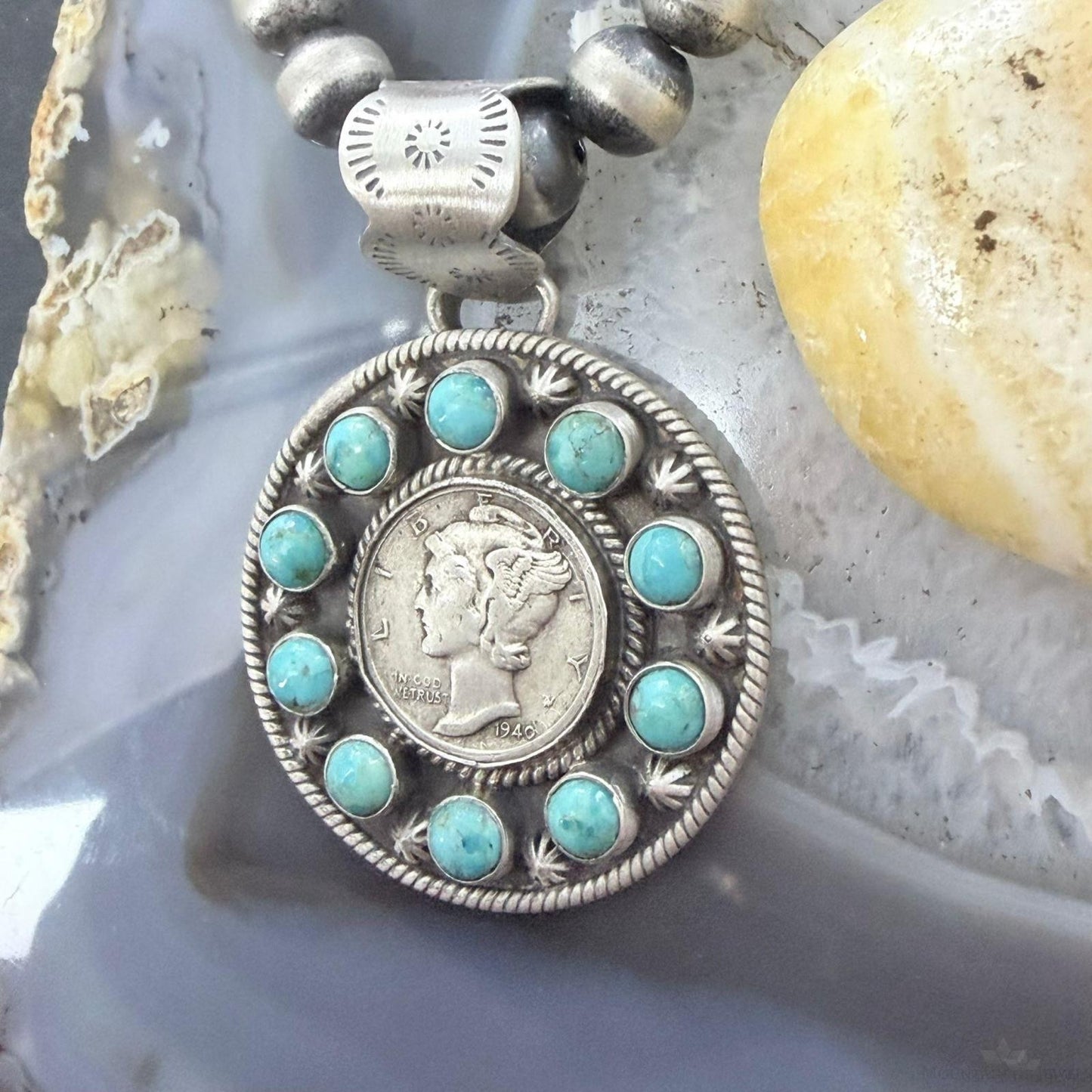 Genuine 1940 90% Silver Mercury Dime Coin w/Mohave Turquoise Unisex Pendant