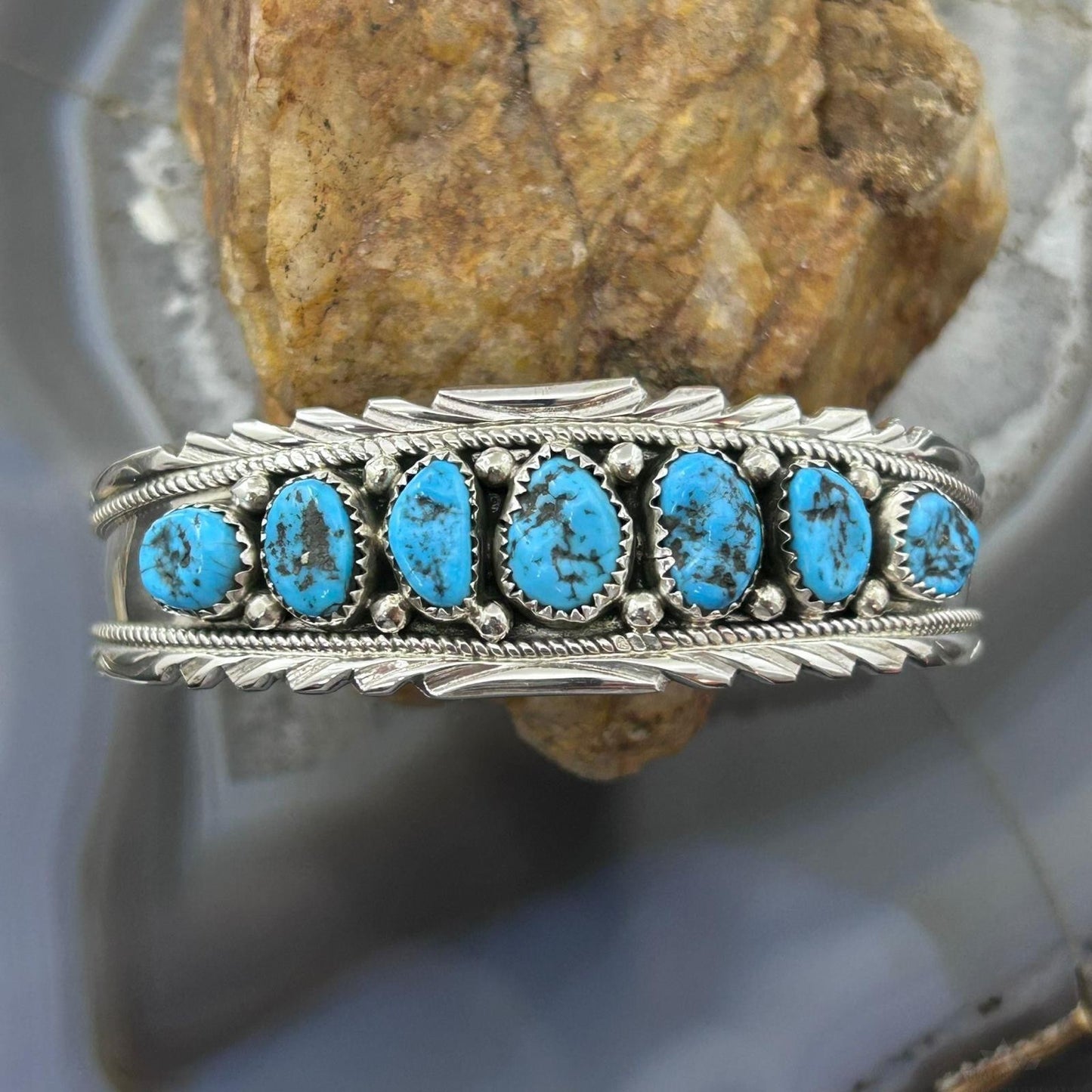 Anita Whitegoat Native American Sterling Silver Turquoise Row Bracelet For Women