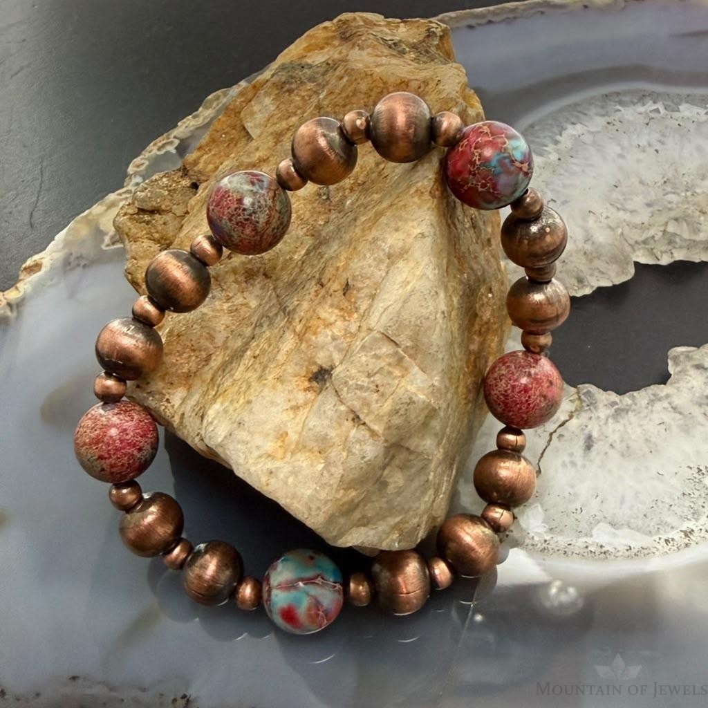 Southwestern Style 4-8mm Copper Navajo Pearl & 10mm Sediment Jasper Stretch Bracelet For Women