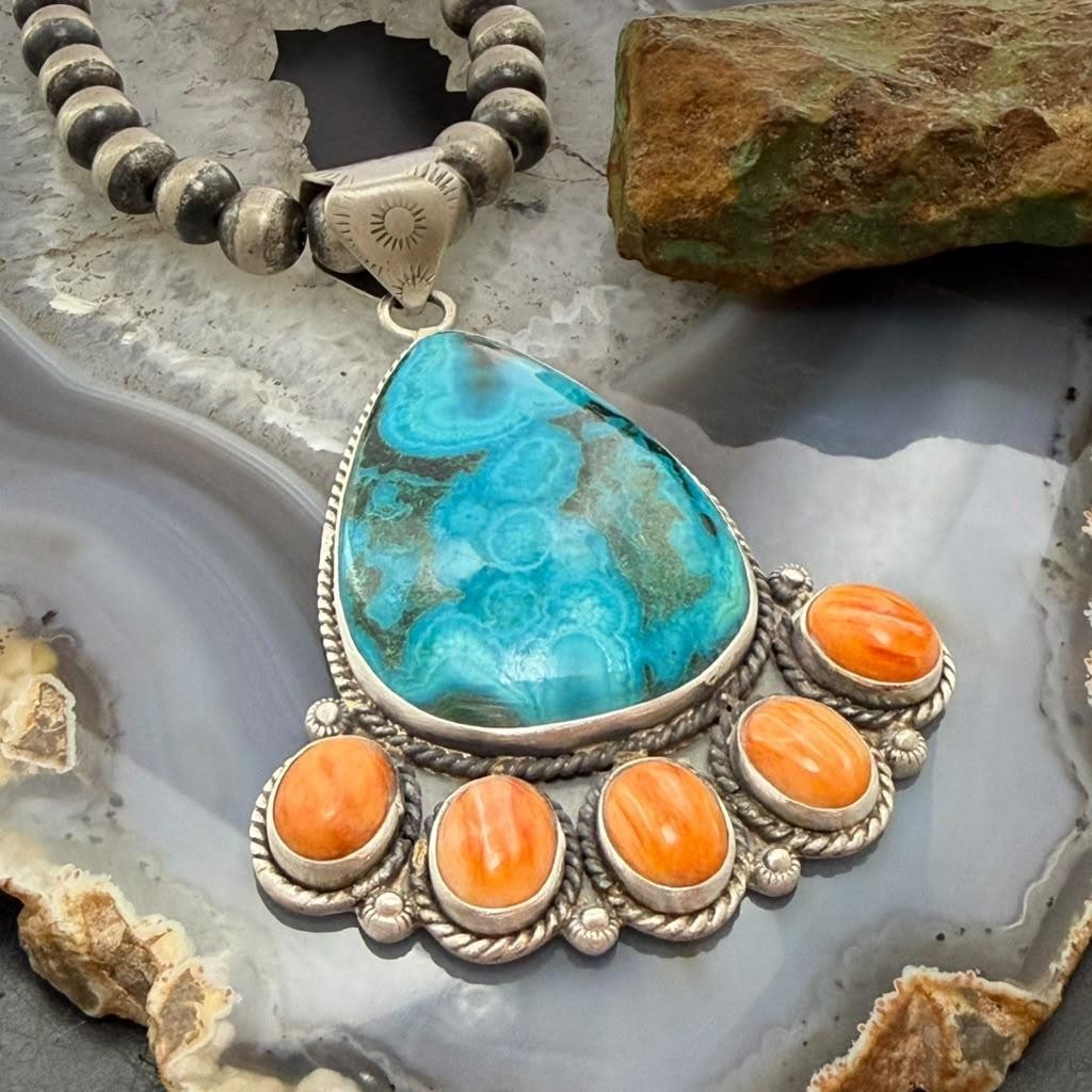 Sterling Silver Southwestern Style Malachite Chrysocolla&Spiny Oyster Decorated Pendant