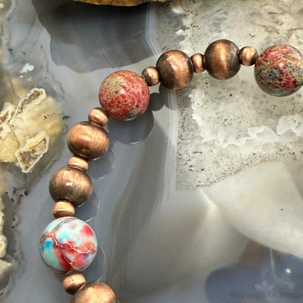 Southwestern Style 4-8mm Copper Navajo Pearl & 10mm Sediment Jasper Stretch Bracelet For Women