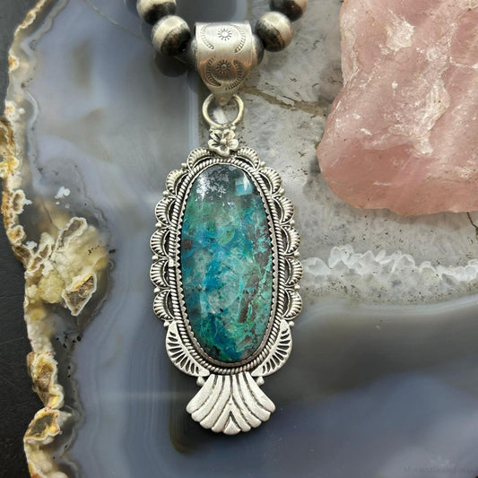 Sterling Silver Southwestern Style Oval Shattuckite Decorated Pendant For Women