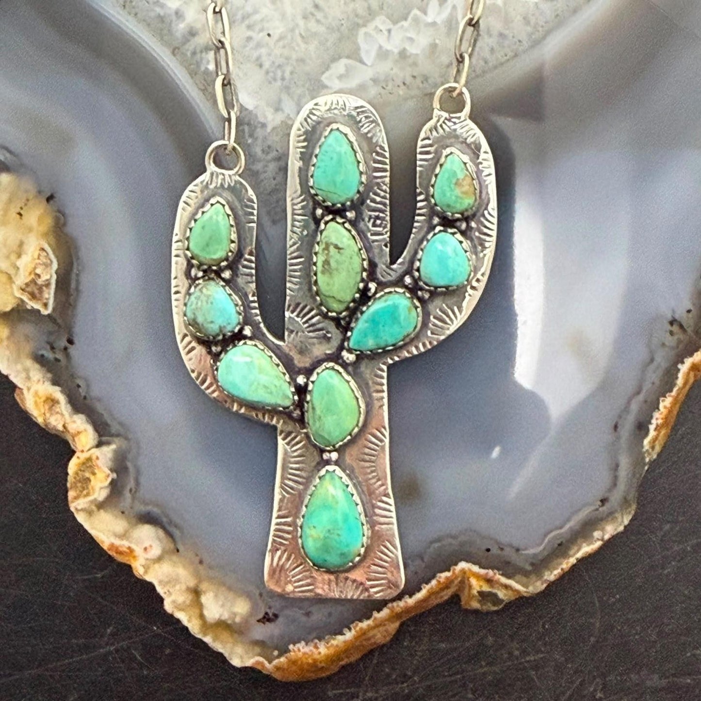 Sterling Southwestern Style Kingman Turquoise Cactus Pendant 22.5" Necklace