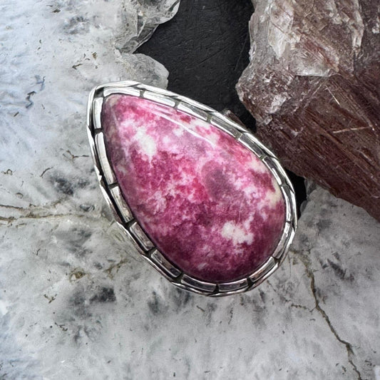 Sterling Silver Southwestern Style Teardrop Thulite Decorated Ring Size 9.5 For Women