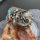 Native American Sterling Silver Turquoise & Coral Leaf Decorated  Bracelet For Men