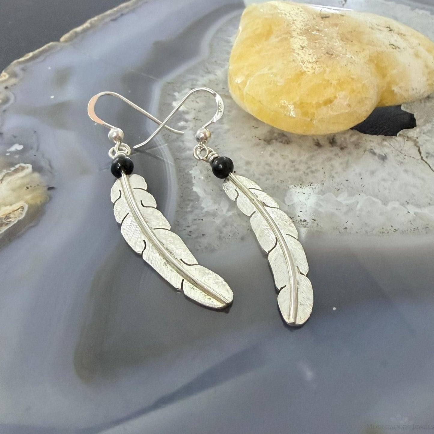 Anthony Gatewood Sterling Silver & Onyx Bead Feather Dangle Earrings For Women