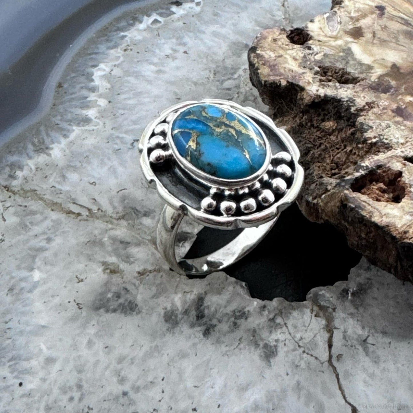 Sterling Silver Southwestern Style Oval Copper Turquoise Decorated Ring For Women