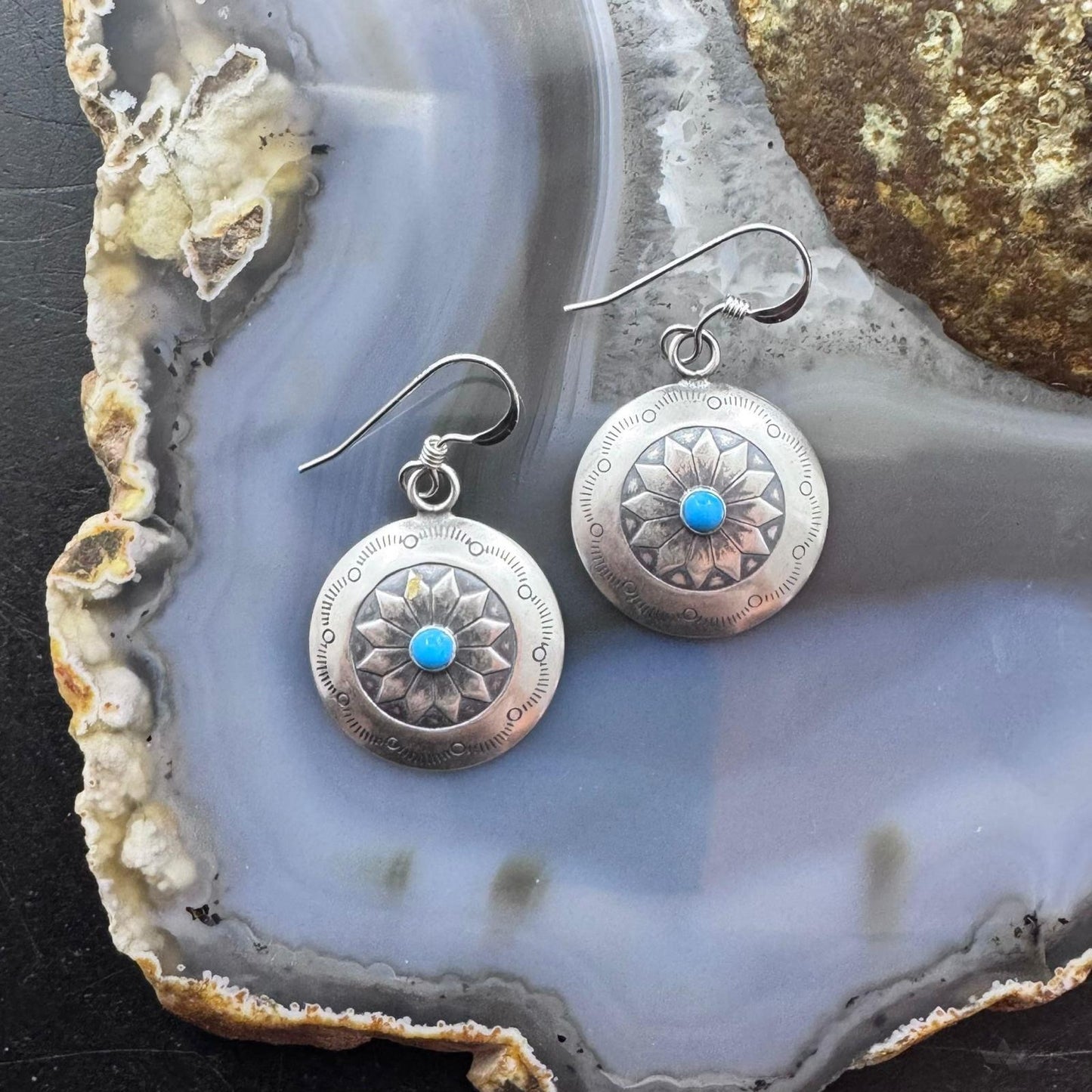 Native American Sterling Silver Turquoise Dot Stamped Concho Dangle Earrings For Women