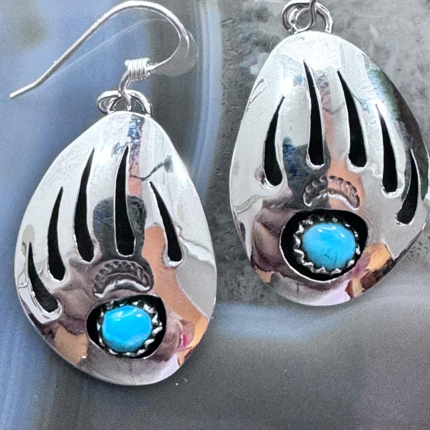 Native American Sterling Silver Bear Claw w/Turquoise Dangle Earrings For Women