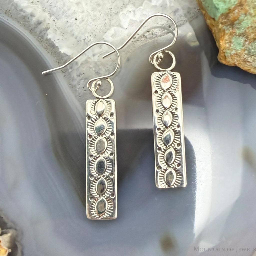 Michael Nez Native American Sterling Silver Rectangle Dangle Earrings For Women