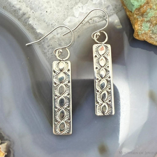 Michael Nez Native American Sterling Silver Rectangle Dangle Earrings For Women